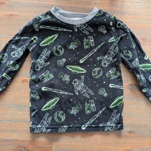 Kirkland Signature Black Long Sleeve Space Print Shirt with Neon Green Accents